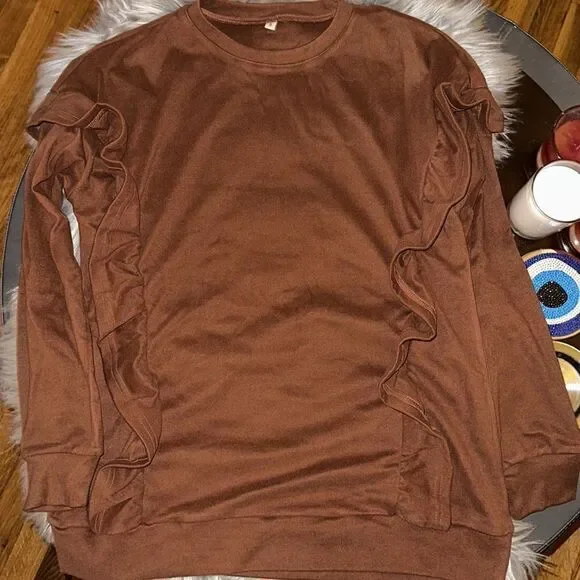 Long Sleeve Brown Sweater with ruffles. Size small. - Picture 6 of 9